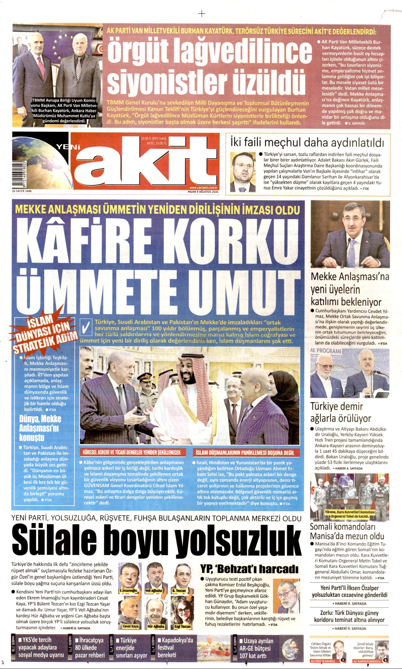 YENİ AKİT 9 Ağustos 2026 Gazete Manşeti Büyük