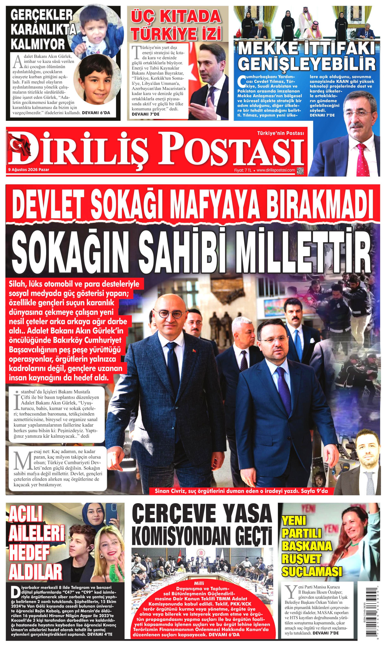 DİRİLİŞ POSTASI 9 Ağustos 2026 Gazete Manşeti Büyük