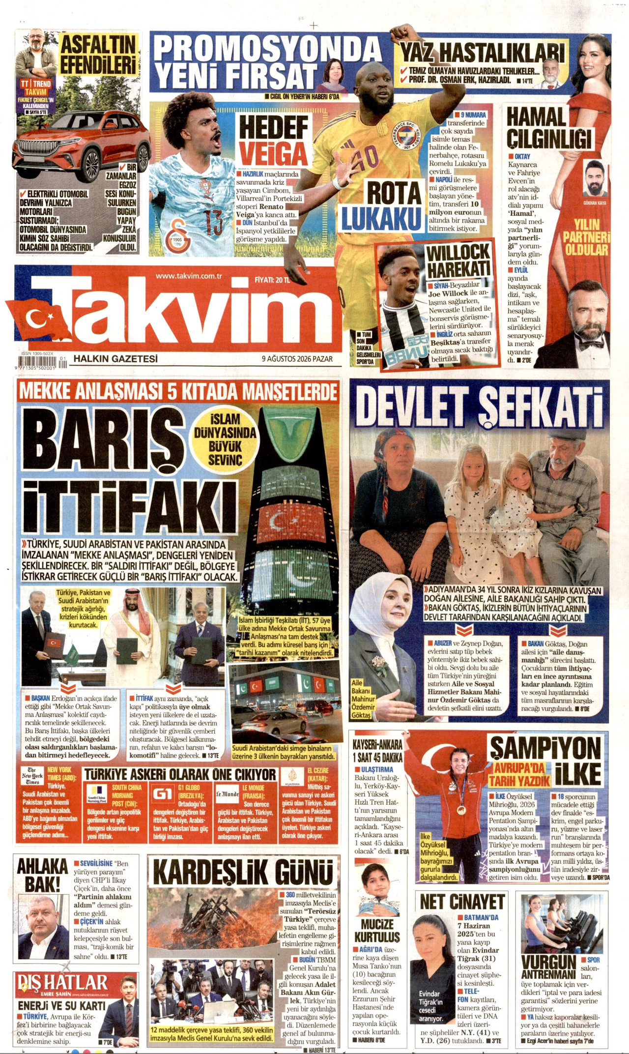 TAKVİM 9 Ağustos 2026 Gazete Manşeti Büyük