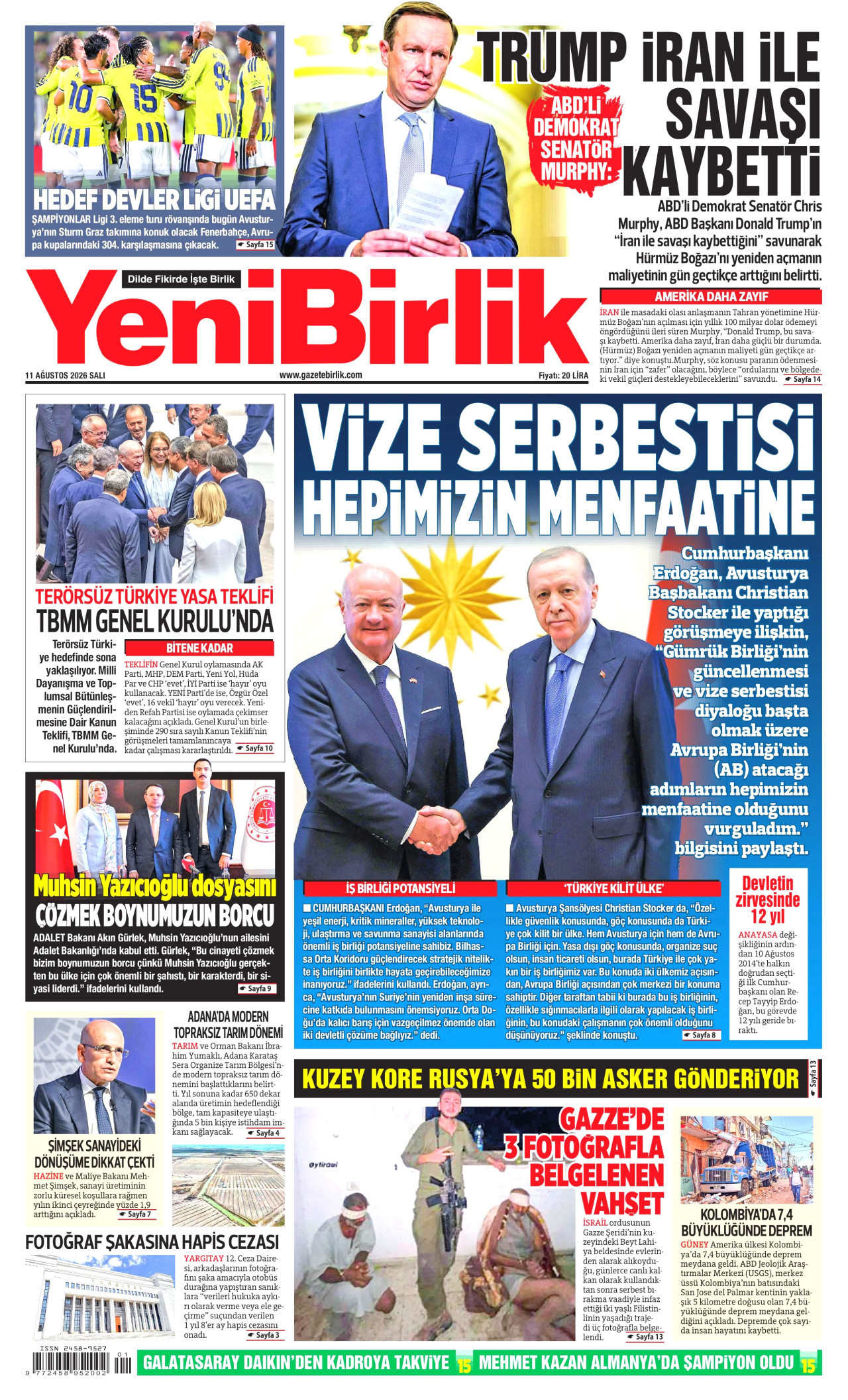 YENİBİRLİK 11 Ağustos 2026 Gazete Manşeti Büyük